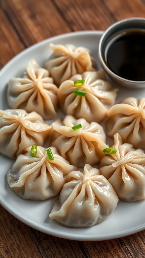 Duck Dumplings Recipe A plate of duck dumplings garnished with green onions and served with soy sauce.